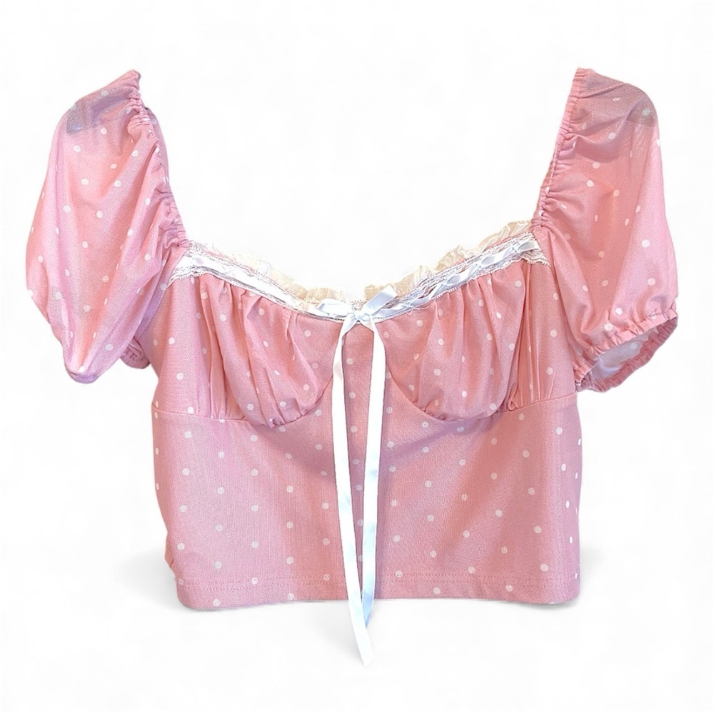 Sugar Thrillz lined mesh crop top, pink with white polka dots, puff short sleeve - Picture 2 of 13